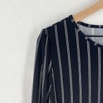 Ann Taylor  Blouse Top Womens Medium Petite Navy Blue White Striped Puff Sleeve Photo 3