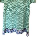 Donna Morgan Green Geometric Print Dress Blue Trim Bell Sleeve A-Line Photo 2