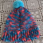 Handmade Hand Knitted Ladies Hat Cap Beanie Red Blue Thick Chunky Yarn Warm Wear One Size Photo 2