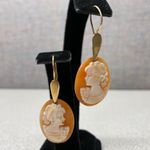 Vintage Italian Gold Cameo Earrings Oval Carved Shell Woman Face Dangle Old Orange Photo 0