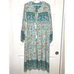 R. Vivimos Boho Floral Maxi Dress‎ Long Sleeve V Neck Tie Tassel Empire Waist Blue Size XL Photo 1