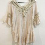 Vintage Shirt Womens Size Small Tan Lace Crochet Tunic Boho Indie Hairpin V neck Photo 5