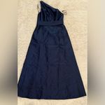 Alfred Sung NEW  D815 DRAPED ONE-SHOULDER SATIN MAXI DRESS POCKETS NAVY sz 14 Photo 2