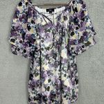 AGB Womens 2X Purple Floral Chiffon Lace Up Top Ruffle Short Sleeve Boho Photo 0