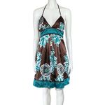 Vintage Y2K Brown Teal Floral Halter Satin Party Dress. XS. Girlhoodcore Fairy Photo 0