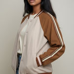 Hem & Thread Brown Pink Snap Front Varsity Bomber Jacket Metallic Sleeve Stripe Photo 0