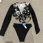 Cupshe NWT  Bathing Suit Women's Sz Small Long Sleeve Black Floral High Rise Swim Photo 0
