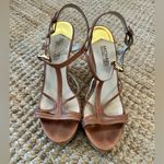 Michael Kors CICELY GOLD MK CHARM TAN LUGGAGE STRAPPY CORK WEDGES I LOVE SHOES Photo 1
