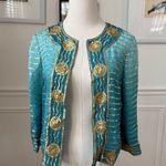 Trina Turk Turquoise Blue 100% Silk Gold Sequin Bolero Jacket 0 XS S Photo 0
