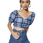 Wild Fable Blue Plaid V-Neck Short Sleeve Crop Top Junior’s LARGE Excellent Y2K Photo 2