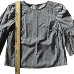 ZARA ‎ Navy and White Striped Blouse Poplin Bell Sleeves Pearl Accent 3/4 Sleeves Photo 7