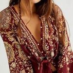 Free People Run Free Silky Satin Blouse Top V-Neck Longsleeve Chocolate Combo M Photo 0