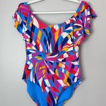 Trina Turk  Rio Off The Shoulder Ruffle One Piece Swimsuit Pink Blue Photo 1