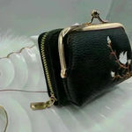 Flower Embroidered Zip Around Wallet w/ detachable Coin Purse in Black Photo 1