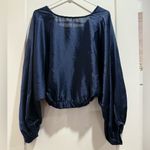 Free People  Women's Sexy Top Navy Blue Satin Feel Bell Sleeve V Neck Size S Photo 2