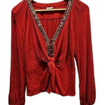 En Crème Burnt Red Front Tie Blouse Beaded Collar Size Medium Photo 0