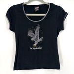 Harley Davidson Women’s Studded Silver Eagle Short Sleeve Small Shirt Cropped Black Photo 0