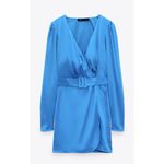 ZARA  Satin Belted Wrap Style Mini Dress in Blue Photo 2