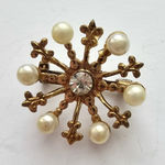 Gold Tone Metal Starburst Sunburst Brooch Pearl & Rhinestones Space Age Photo 0
