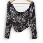 Open Edit Long Sleeve Cropped Top Brown Abstract Off Shoulder Ruched Boho Sz XS Blue Photo 0