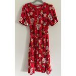 Loft  Midi Dress Womens 6P Red Floral Short Sleeve Bleted Career Preppy Modest Photo 1