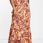 Topshop New Zebra Print Ruffle Sleeve Cutout Back Midi Dress Orange Multi Size 2 Photo 0