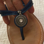 Brighton  “onyx” sandal blue braided leather tan soles crystal medallion size 6.5 Photo 6