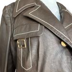 Vintage Danaya Cropped Brown Leather Jacket Cream Stitching Small Gold Buttons Photo 4