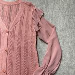 Womens Pink Knit Cardigan Ruffle Shear Sleeve Button Front Sweater Top LG NWOT Photo 1