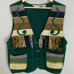 Vintage Vest Suede‎ Woven Green Leather Women Size Large Southwestern Fringe Photo 0