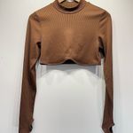 Divided Brown Ribbed Cropped Mock Neck Long Sleeve Top with Thumb Holes by H&M Photo 0