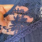 E&M 3/4 Sleeve Lace Tie Neck Bohemian Navy Blue Blouse Size Medium EUC #1269 Photo 4