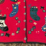 Talbots Vintage Wool Holiday Sweater Vest size M Red Stockings Gifts Festive Photo 3