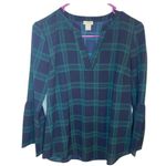 J.Crew Green/Navy plaid bell sleeve v neck blouse Photo 0