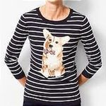 Talbots Petites Women's Striped Corgi Dog Graphic Crew Neck Long Sleeve Knit Top Photo 0