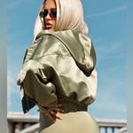 Pretty Little Thing Sage Green Satin Oversized Hooded Bomber Jacket Size 12 Photo 1