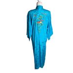 Vintage Kimono Hand Embroidered Medium Teal Blue Pockets Long Sleeve No Belt Photo 3