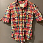 American Eagle Plaid Button Up Polo Short Sleeve Or 3/4 Sleeve Top Size 0 Photo 0