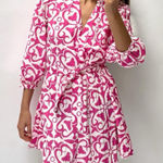 ZARA Dress Pink White Print Belted Mini Size XL Photo 0