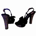 Casadei BLACK WITH MULTI-COLOR SEQUIN HEELS VELVET BOW PLATFORM SHOES (35.5) Photo 9