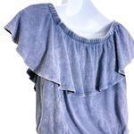 Free People  We The Free Love Letter Off Shoulder Ruffle Top Stone Washed Blue XS Photo 6