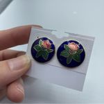 Vintage Enamel Cloisonné Blue & Pink Flower Studded Earrings Boho Photo 1