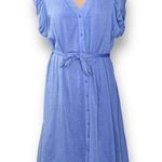 DKNY Dress Blue Chambray Front Button Vneck Short Puff Sleeve Midi Size 16 Photo 0