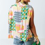 Fate Blouse Patchwork Print Tie Neck Size Large Rayon Sleeveless Padded Shoulder Green Photo 1