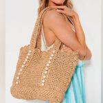 NWOT BTB Los Angeles Woven Straw Sand Lisbeth Pearl Tote Tan Photo 0