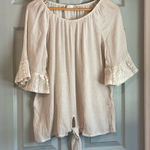 Cure. L Beige Poly Rayon Sheer Lace Trumpet Sleeve Wide Neck Front Tie Blouse Size L Photo 0