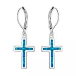 Shiny Opal & Silver Cross Pendant Earrings, Holy Land Jerusalem Catholic Charm Photo 3