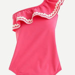 J.Crew  Seersucker Pink Ruffle One Shoulder White Swimsuit Size 8 NWT AJ650 Photo 0