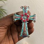 Y2K Artsy Boho Indie Hippie Whimsygoth cross pendant necklace silver beaded stones turquoise teal red Multicolored #navajo Measurement in pics Photo 1