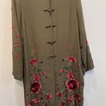 Sue Wong 100% Silk Olive Green Embroidered Flowers Kimono Duster Tunic Lined Photo 0